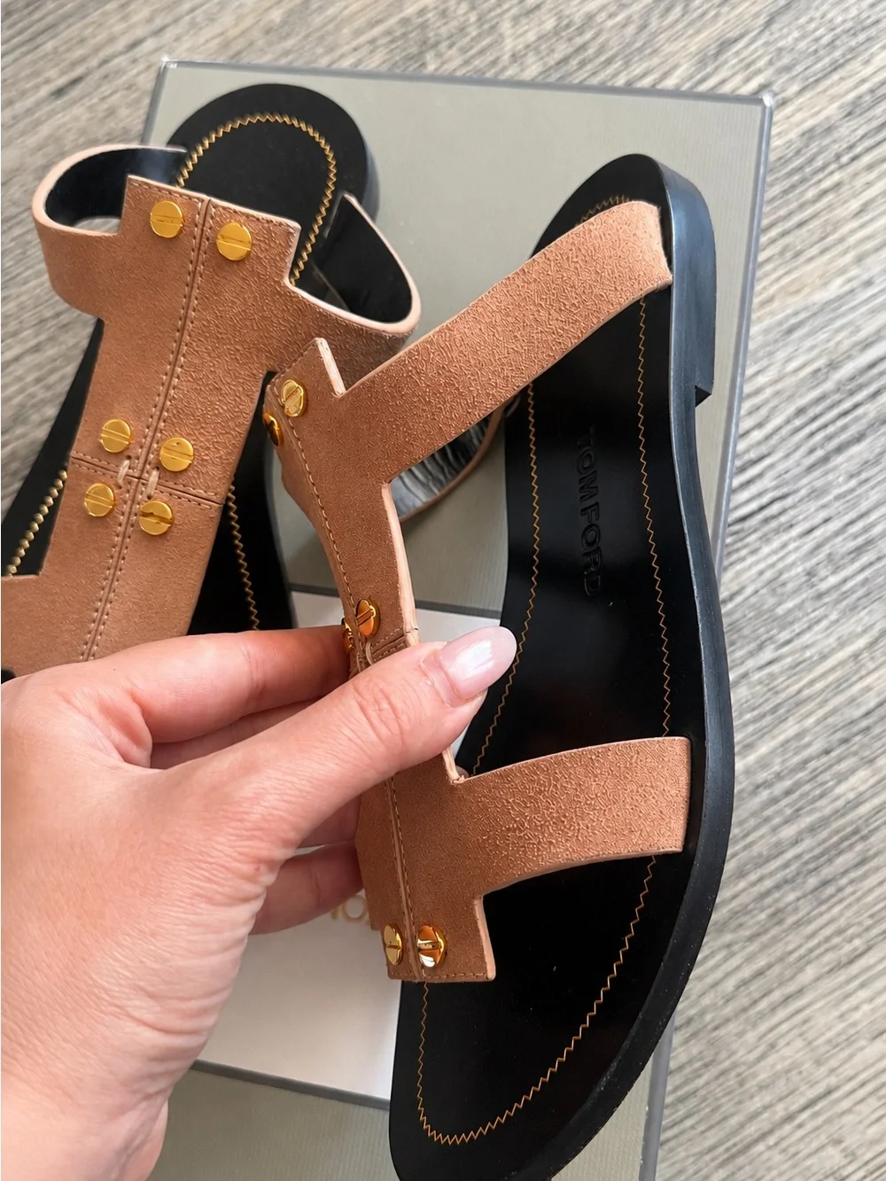Tom Ford Suede T-strap Slide Sandals in Tan